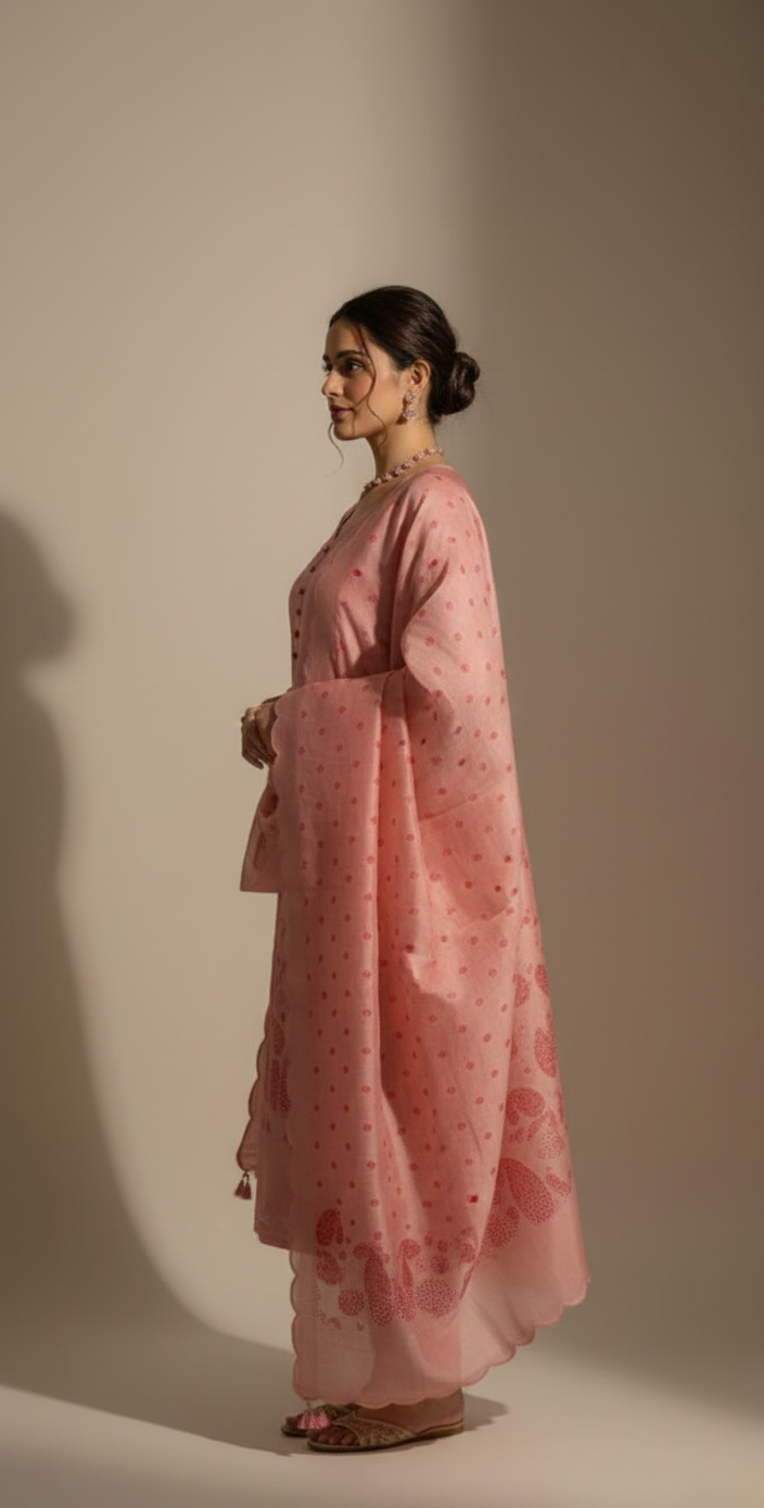 Chanderi tissue suit with subtle zari weaving, paired with a crushed tissue floral embroidery dupatta — elegant suits for women.
