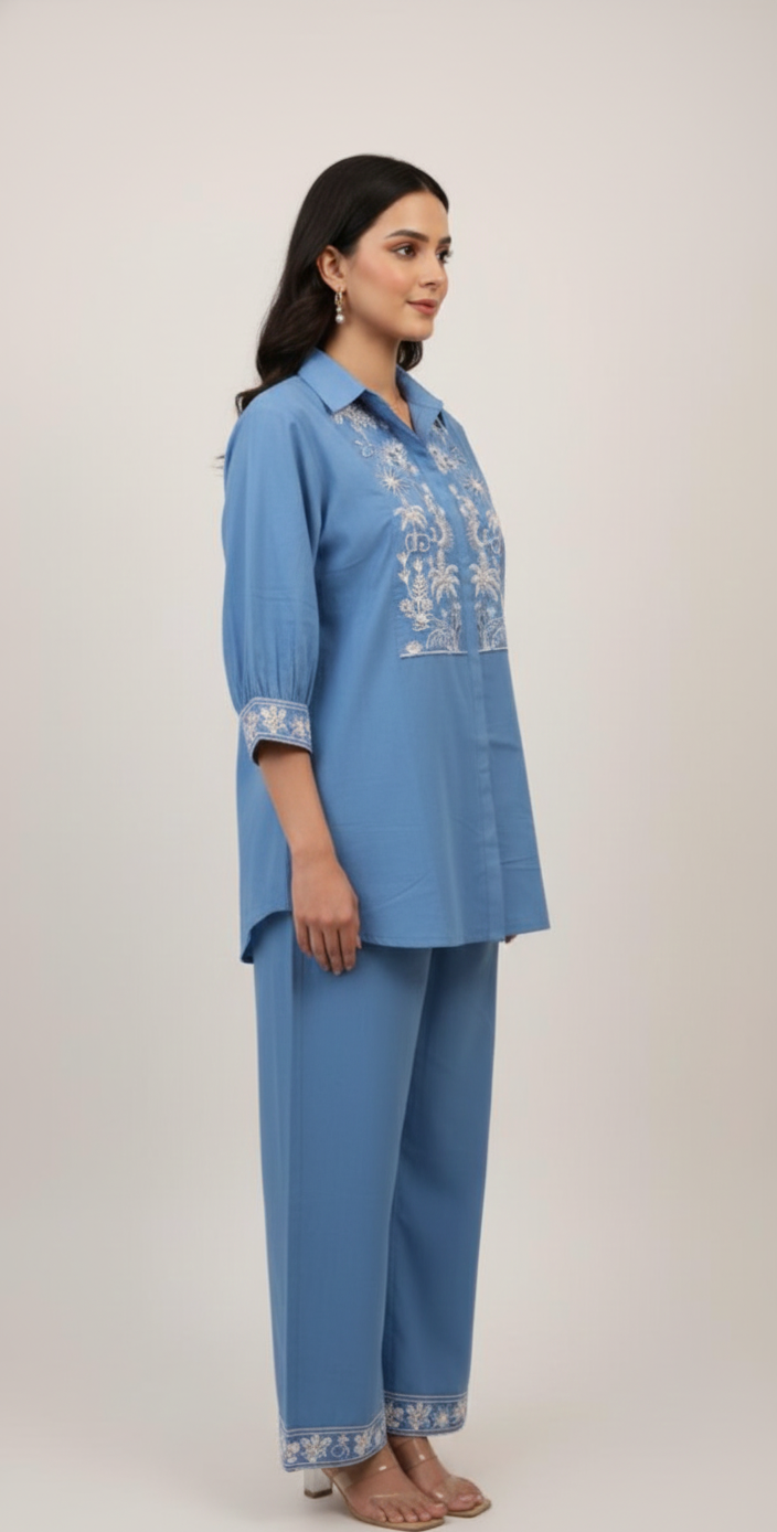Cotton co-ord set with classic collar — chic Indo-Western set for women.