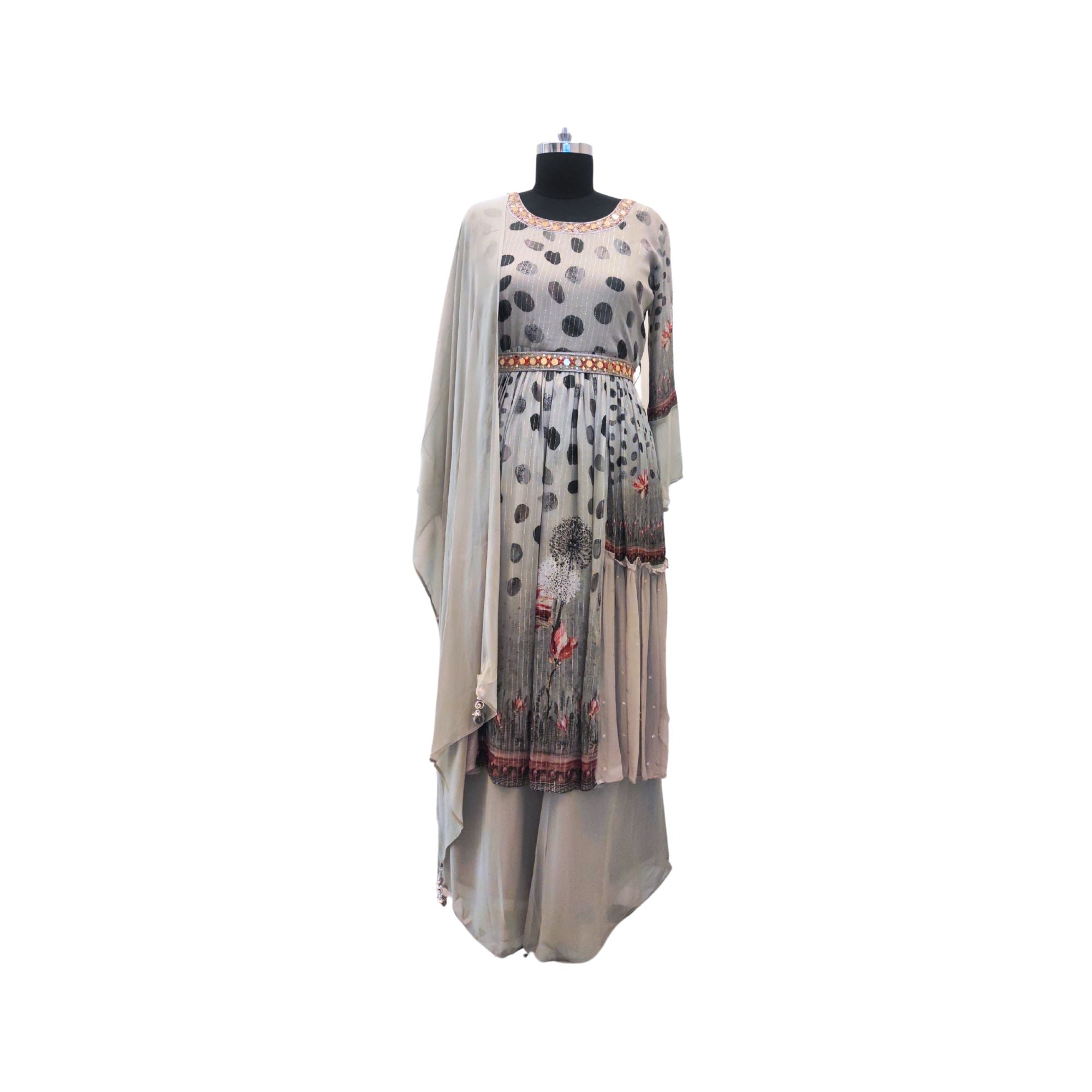 Elegant, edgy, and ready-to-wear — georgette set with dazzling neckline embellishments. Trending suits for women.
