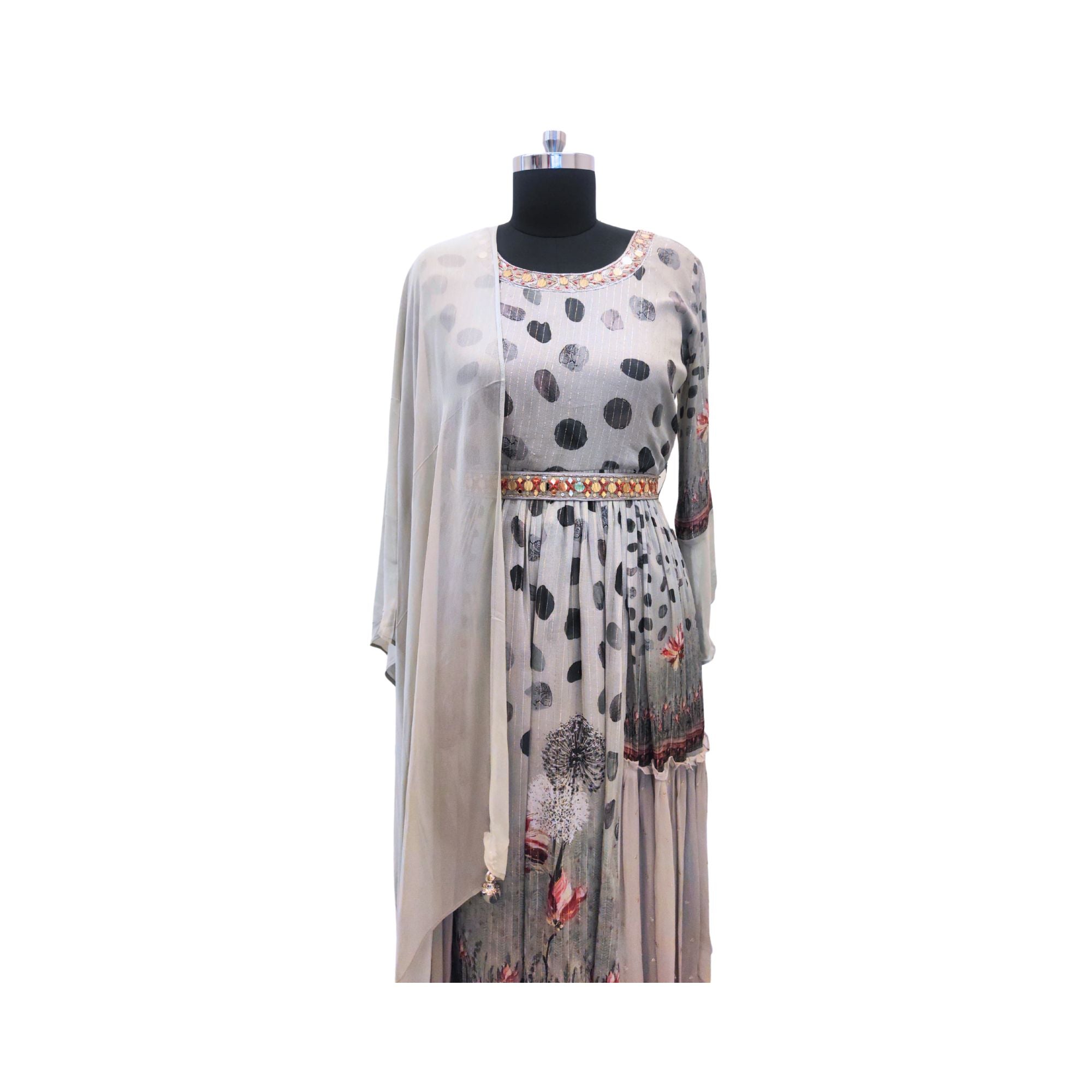 Elegant, edgy, and ready-to-wear — georgette set with dazzling neckline embellishments. Trending suits for women.