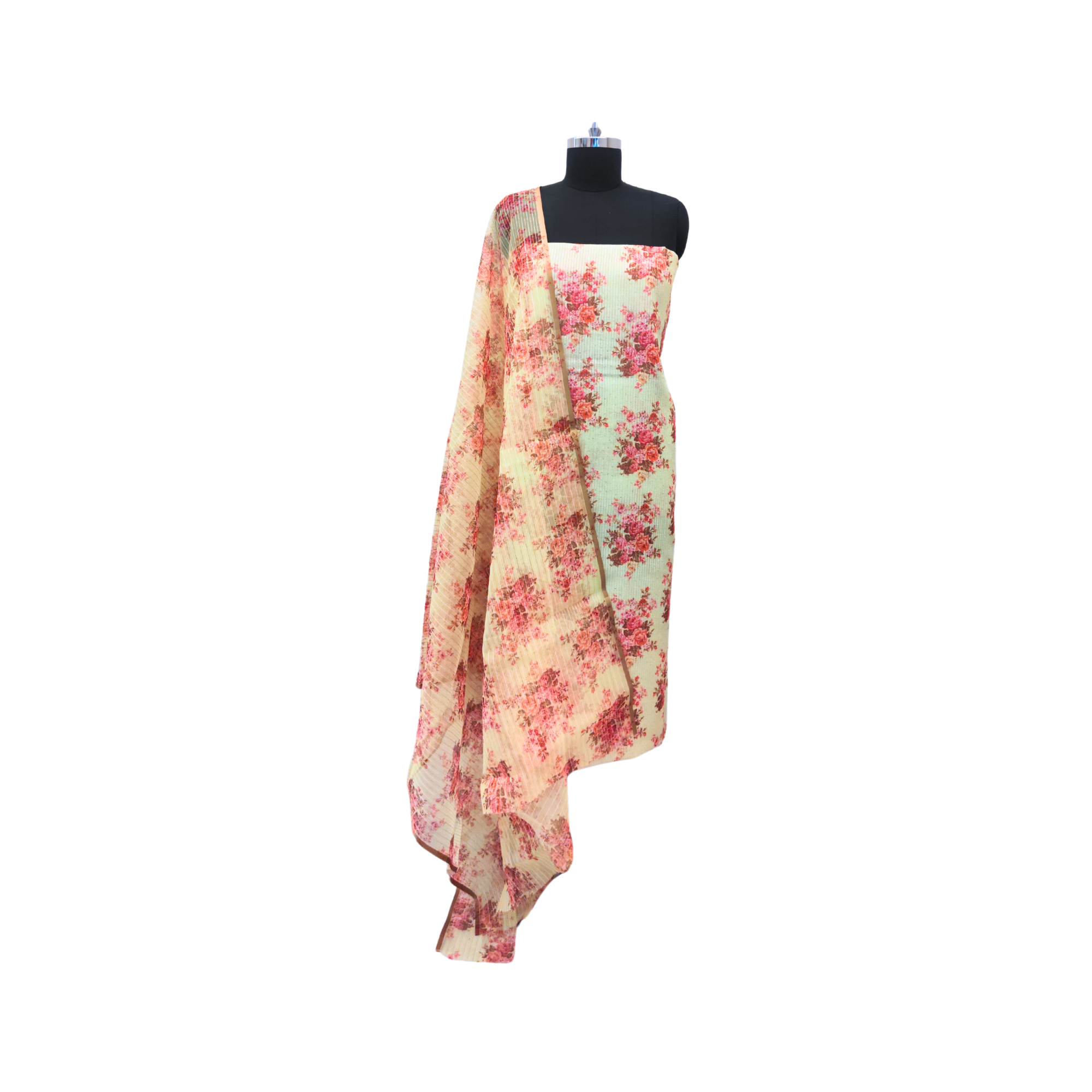 Linen suit with delicate floral print, paired with an organza floral dupatta — elegant suit for women.