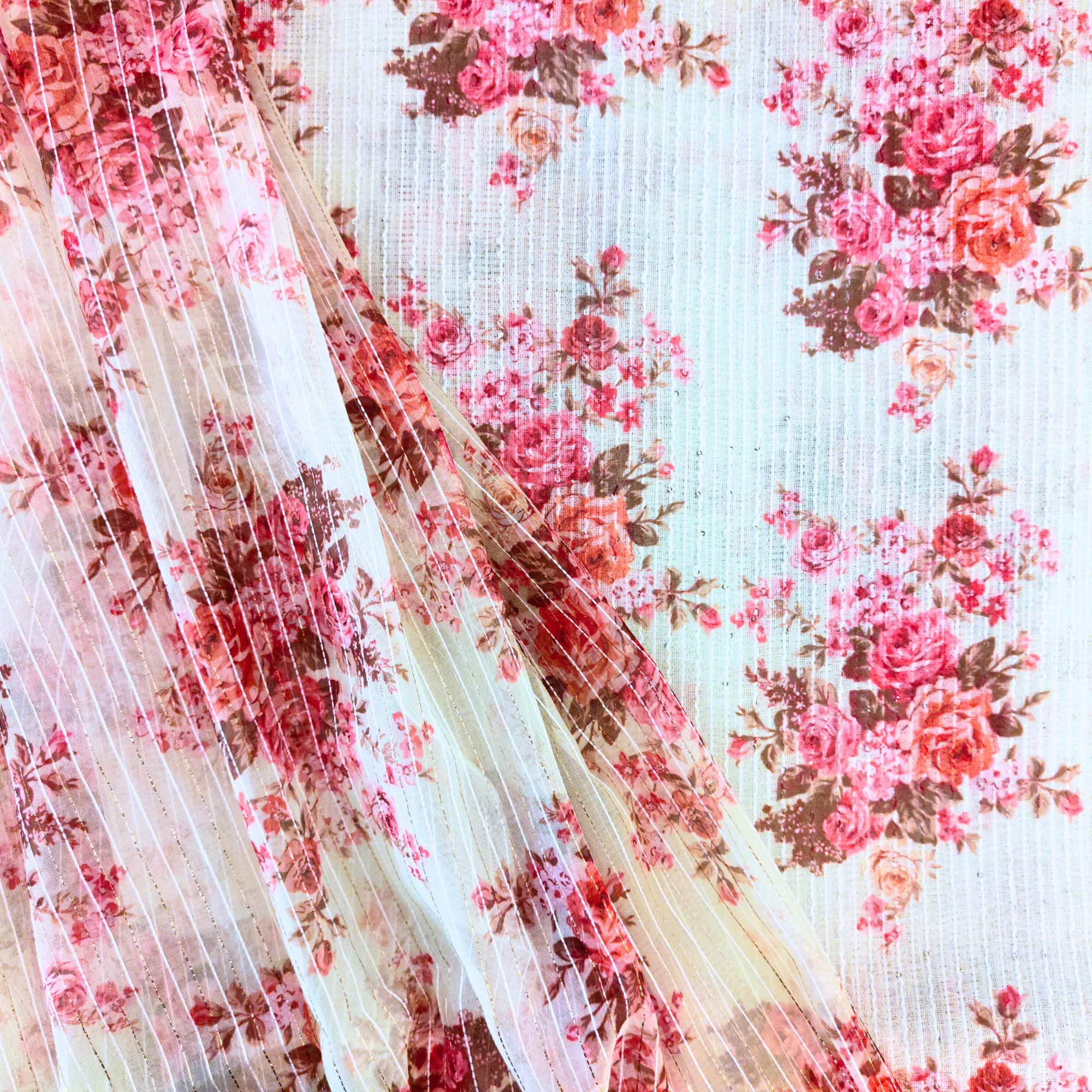 Linen suit with delicate floral print, paired with an organza floral dupatta — elegant suit for women.