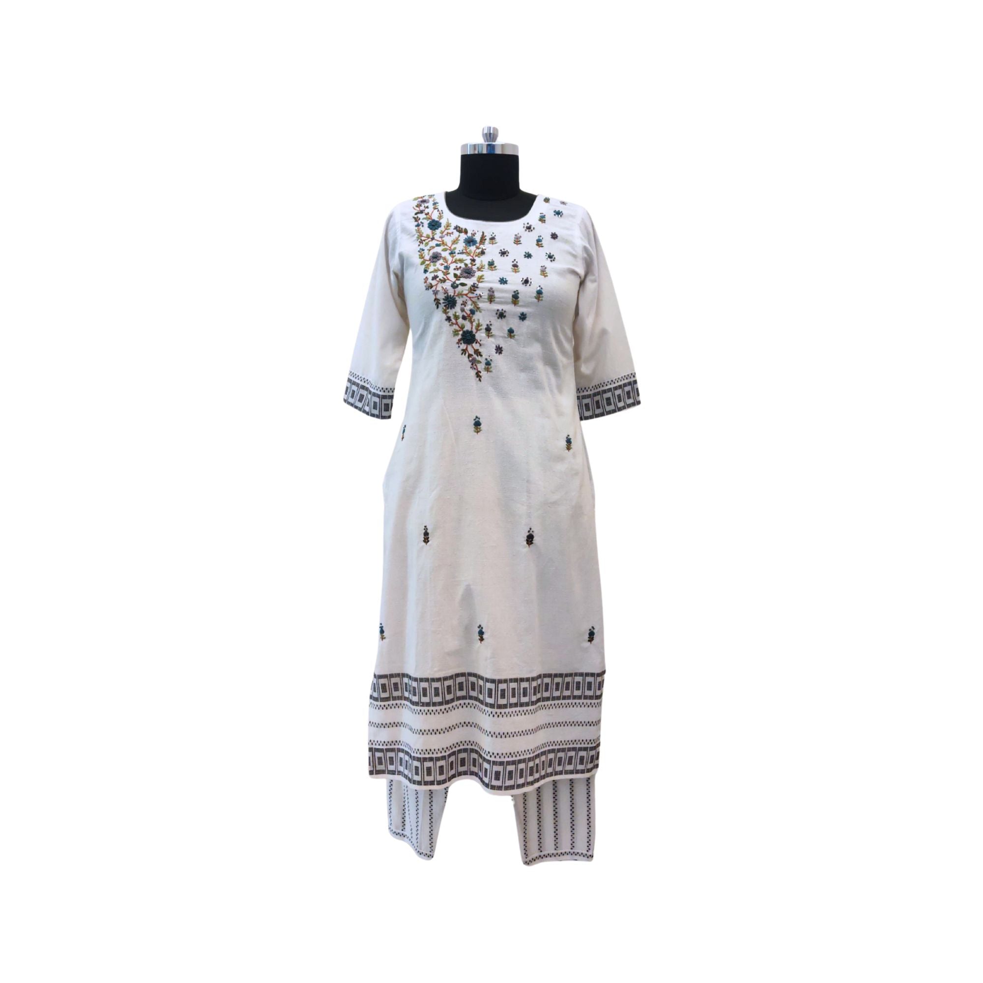 Cotton suit with hand-embroidered yoke — elegant suit for women.