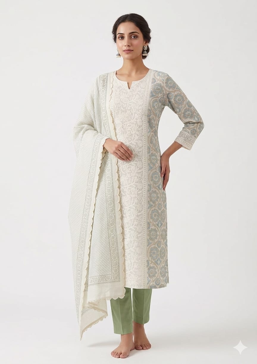 Elegant Kota Doriya Printed Suit with Lucknowi Embroidered Front Panel