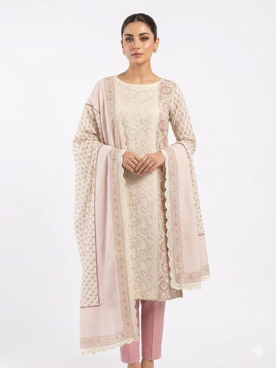 Elegant Kota Doriya Printed Suit with Lucknowi Embroidered Front Panel