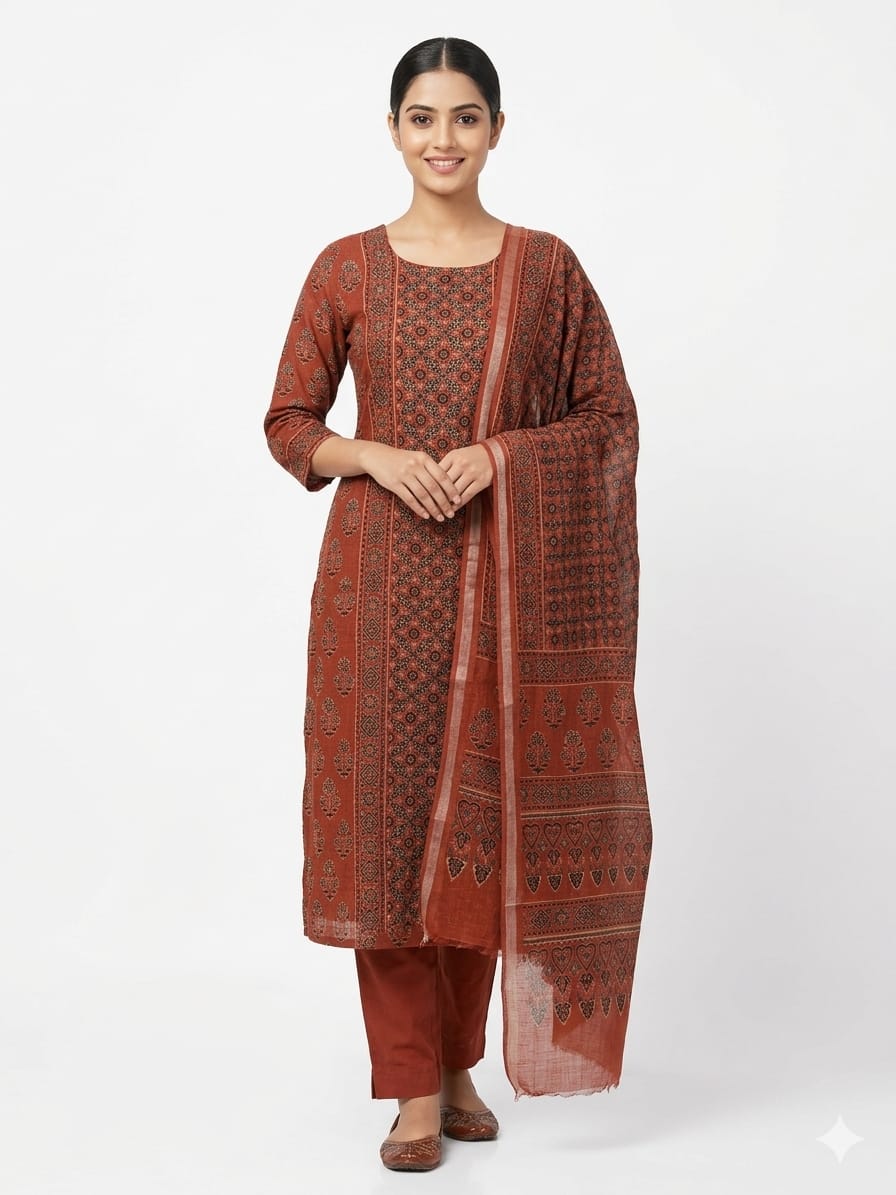 Classic Linen Kalamkari Printed Unstitched Suit with Elegant Printed Dupatta