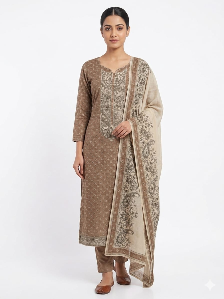 Vintage Paisley Chanderi: Emphasizes the classic motifs used on the dupatta and neck.