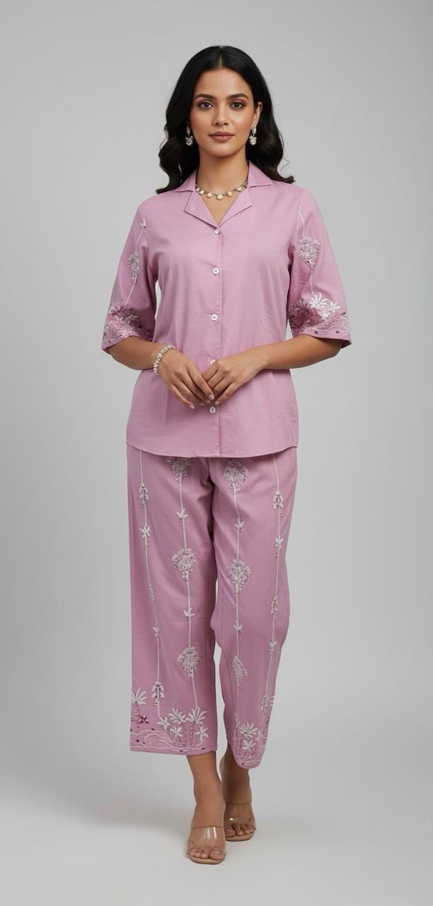 Stylish and statement-making — co-ord set with delicate machine embroidery for women.
