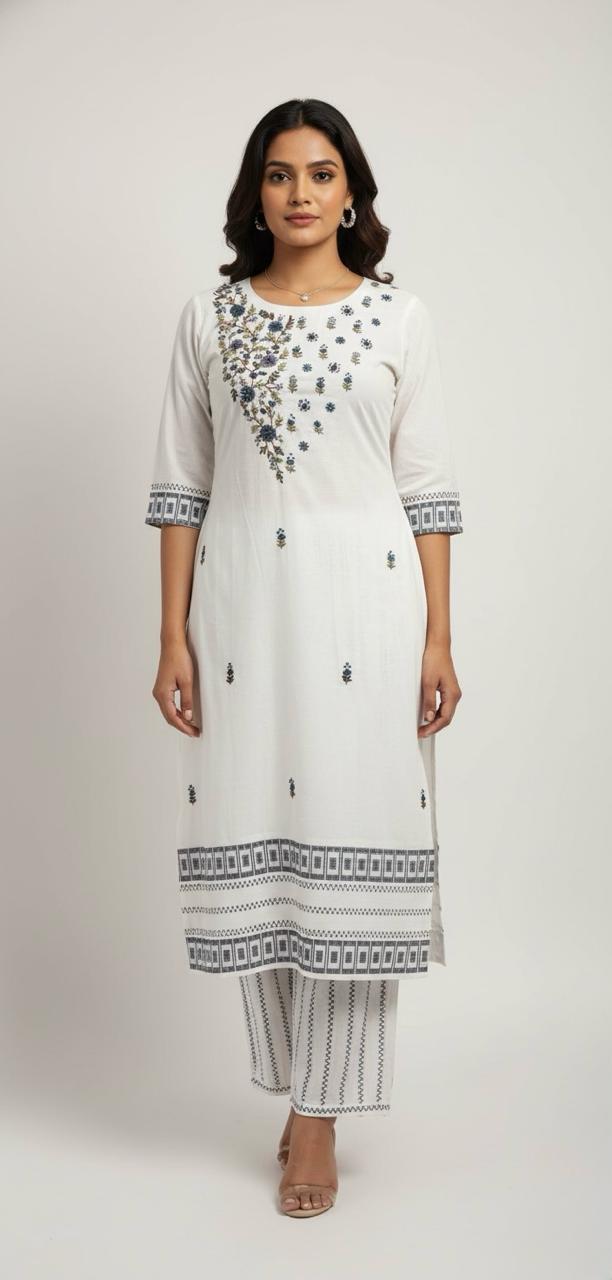 Cotton suit with hand-embroidered yoke — elegant suit for women.