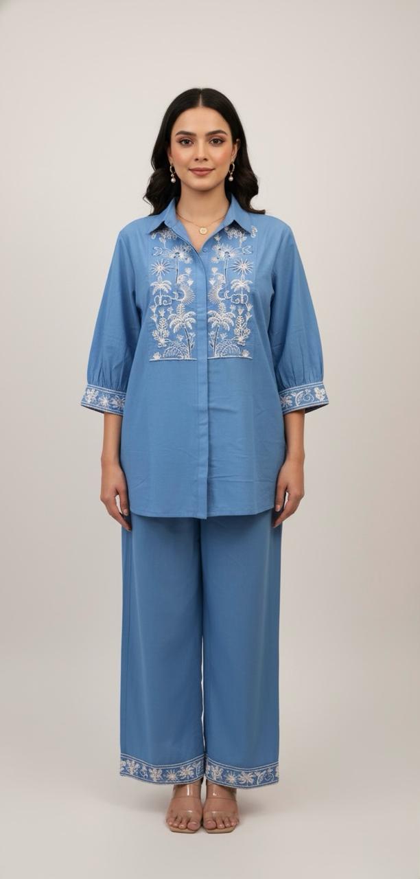 Cotton co-ord set with classic collar — chic Indo-Western set for women.