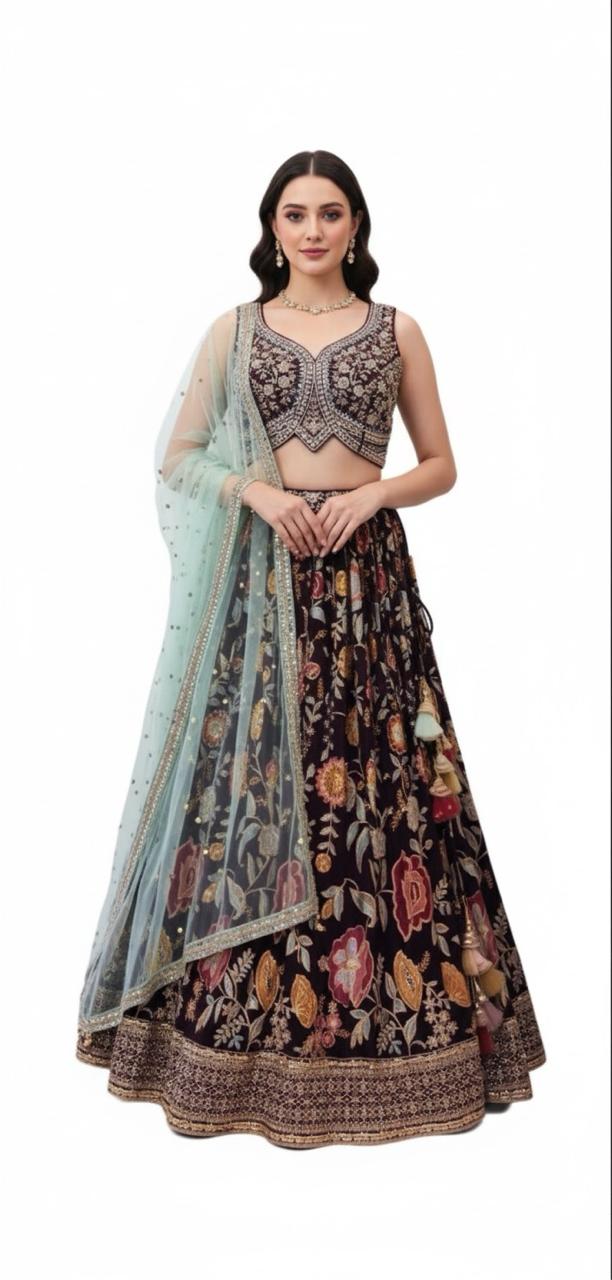 Georgette machine-embroidered lehanga with blouse — a stunning bridal lehanga for women.
