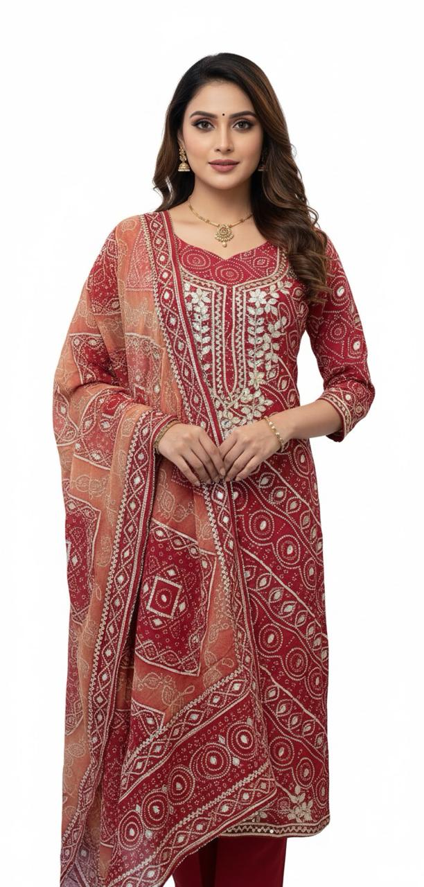 ie tradition with style — Bandhani printed crepe suit for effortless elegance. Suits for women.