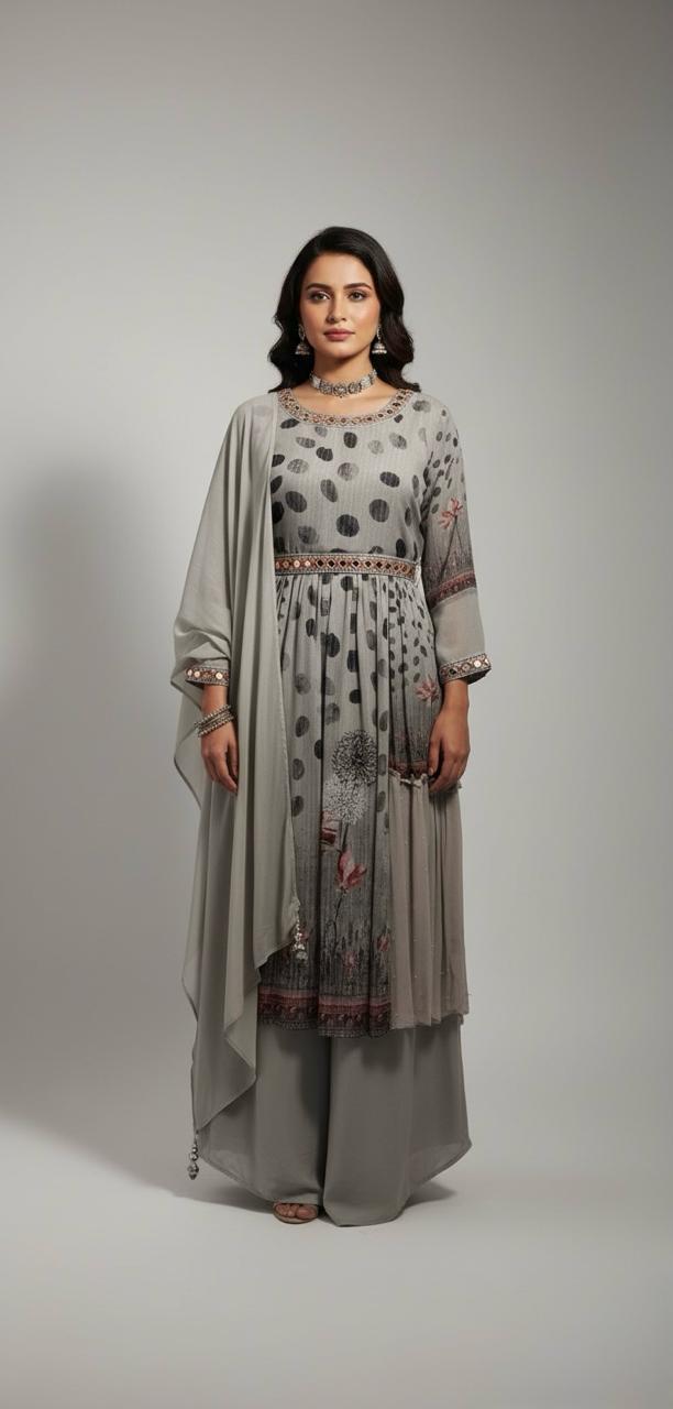 Elegant, edgy, and ready-to-wear — georgette set with dazzling neckline embellishments. Trending suits for women.