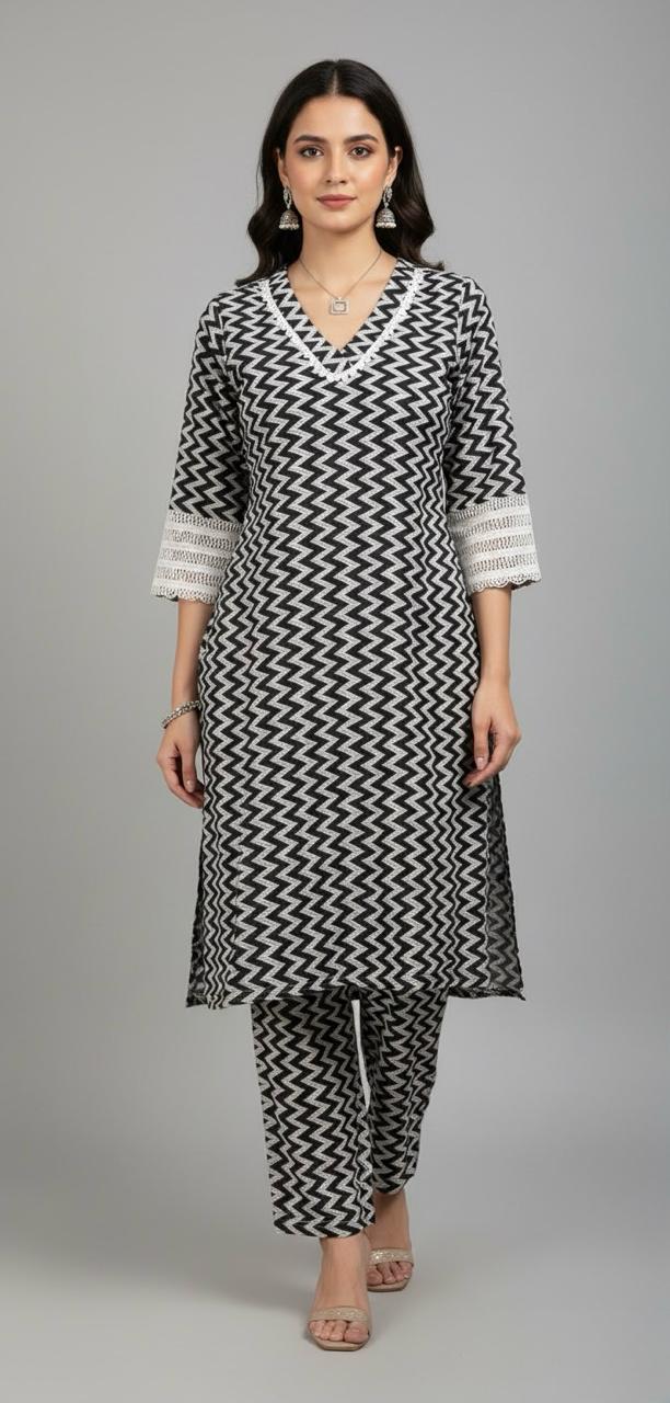Vibrant zigzag print enhances this cotton co-ord set, crafted for women.indo western set for women