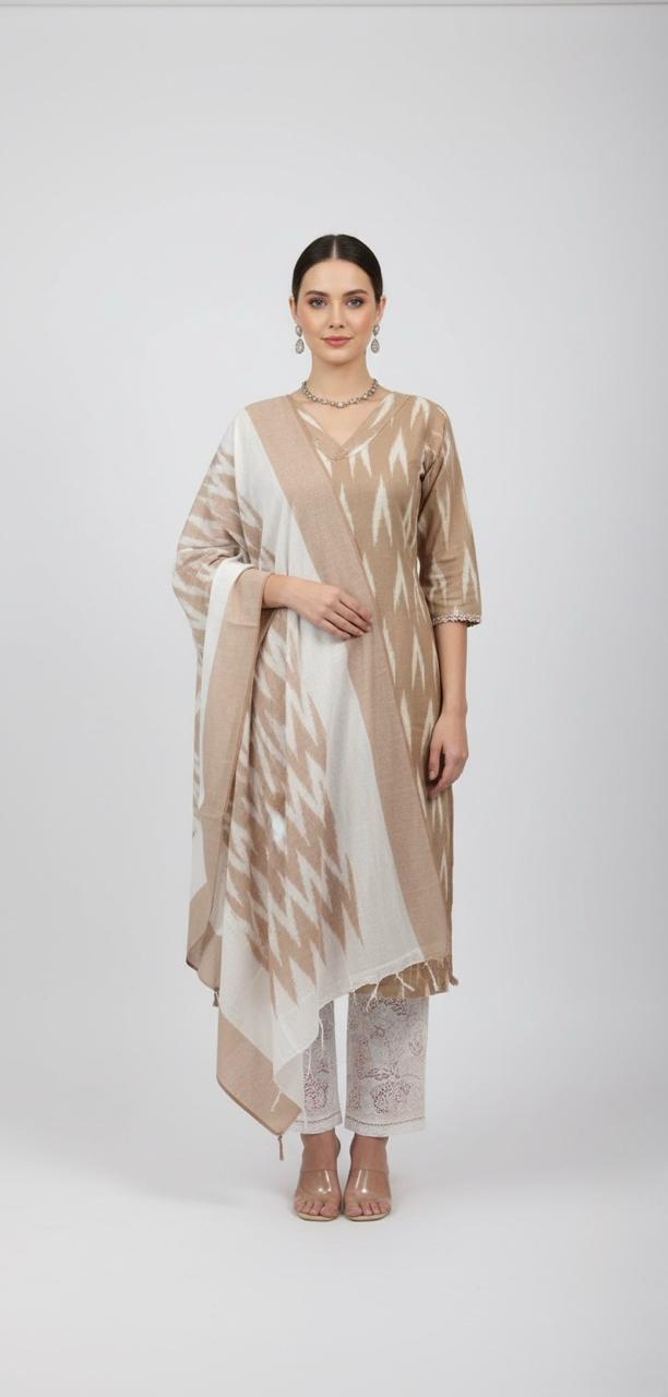 Embrace tradition with this beautifully crafted Ikat print cotton suit.