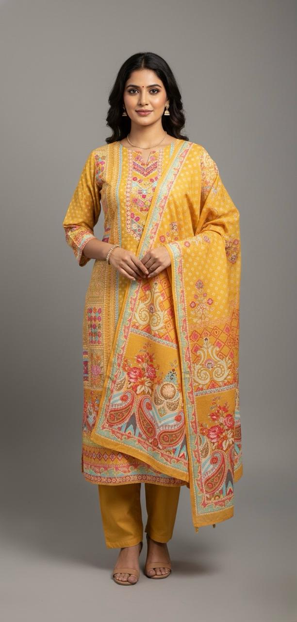 Playful patterns meet soft muslin fabric — perfect printed suit for women.