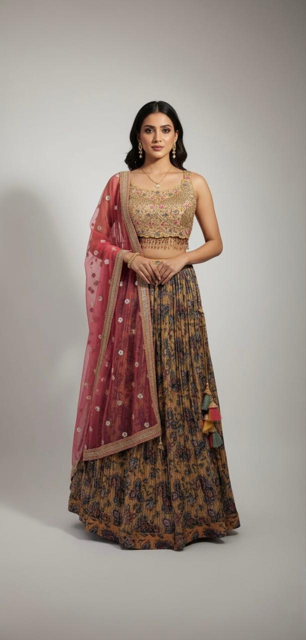 Shine on your special day with this sequins georgette bridal lehanga and embroidered blouse.