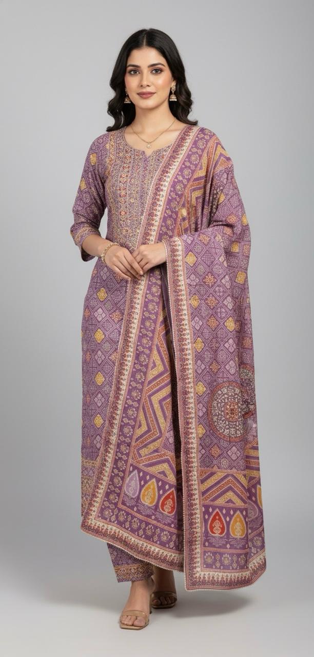 Delicate hand embroidery and floral prints on tissue fabric, complemented by a printed gota lace dupatta — stylish suits for women.