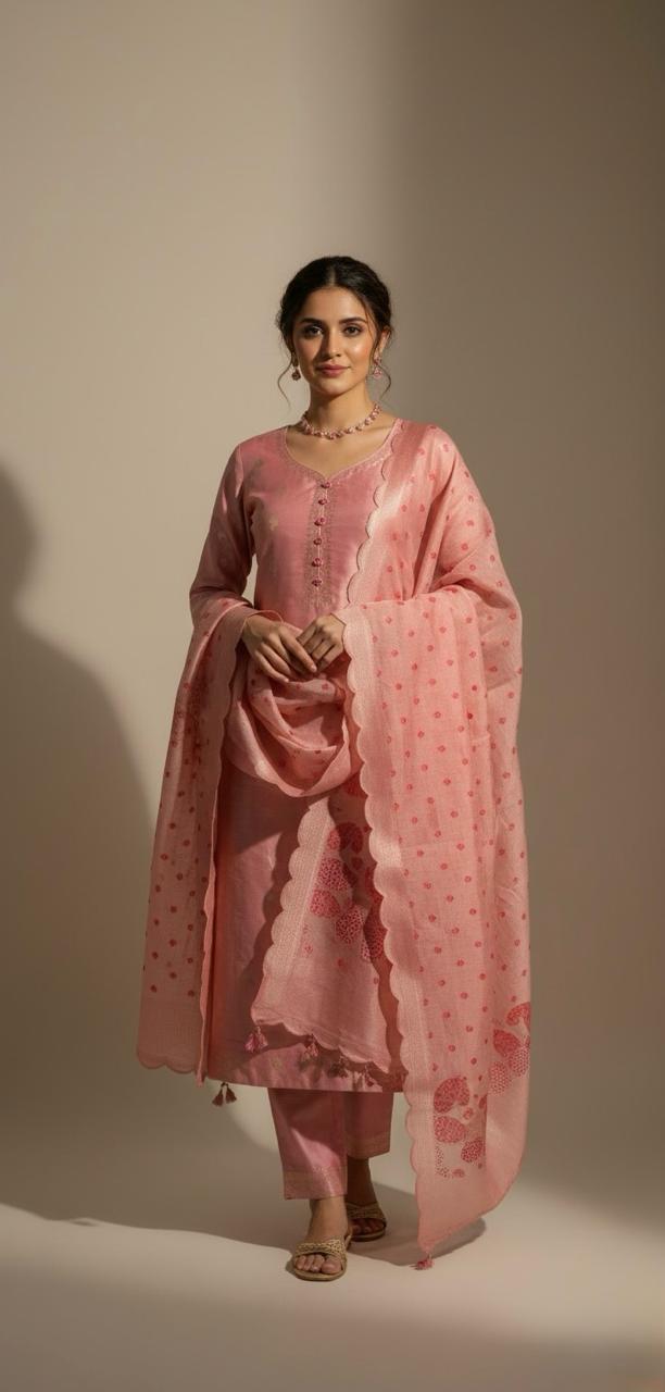 Chanderi tissue suit with subtle zari weaving, paired with a crushed tissue floral embroidery dupatta — elegant suits for women.