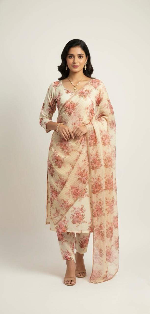 Linen suit with delicate floral print, paired with an organza floral dupatta — elegant suit for women.