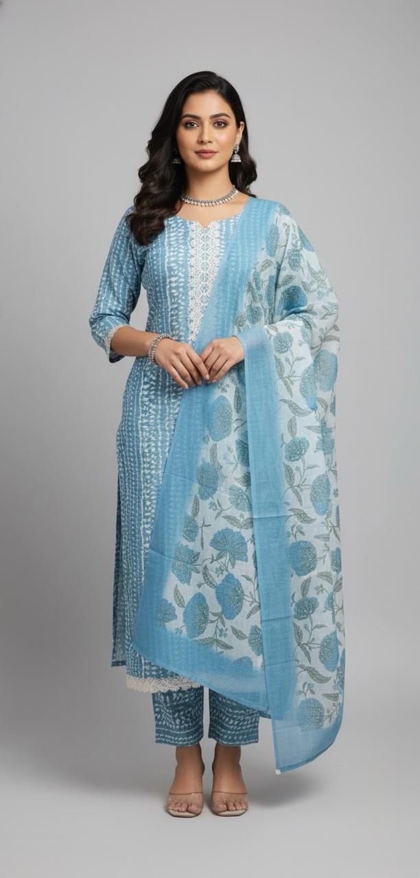 Linen suit with intricate mirror and crochet work, paired with a floral linen dupatta — timeless elegance in suits for women.