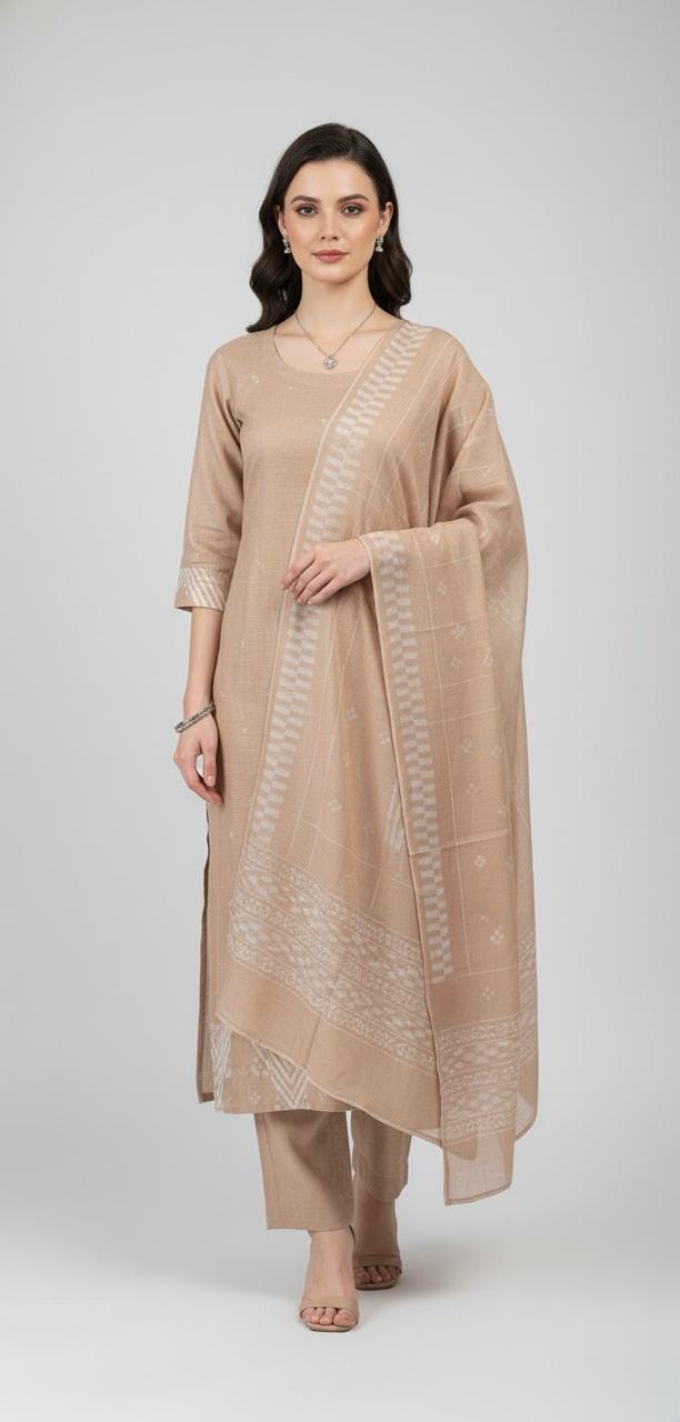 Modern geometry on classic linen, completed with a lightweight chiffon dupatta.