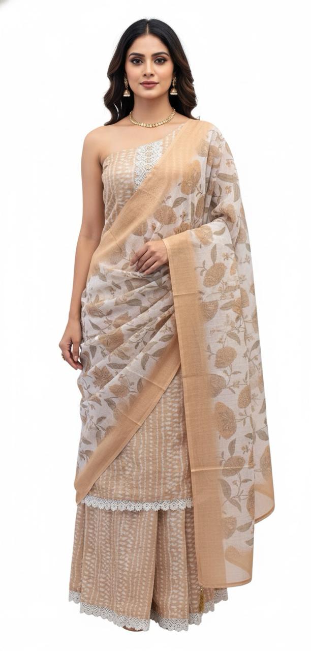 Linen suit with intricate mirror and crochet work, paired with a floral linen dupatta — timeless elegance in suits for women.