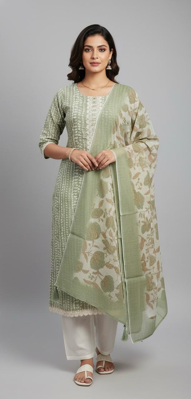 Linen suit with intricate mirror and crochet work, paired with a floral linen dupatta — timeless elegance in suits for women.