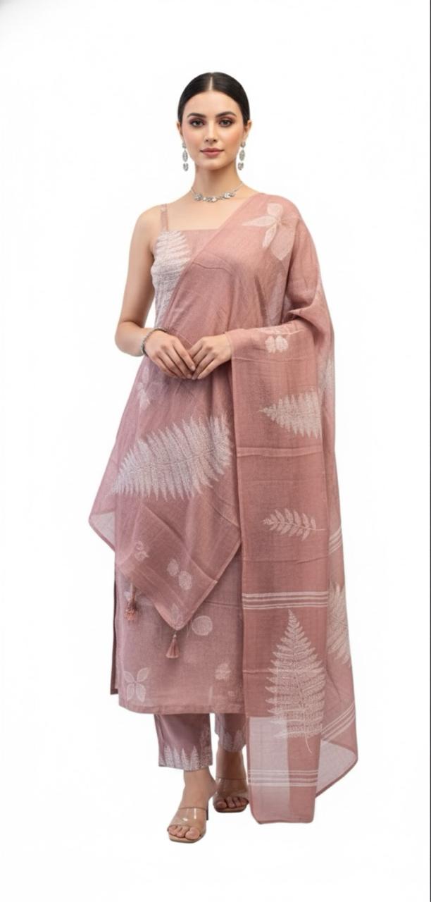Linen suit with natural patterns paired with a soft chiffon dupatta — effortless charm in casual suits for women.