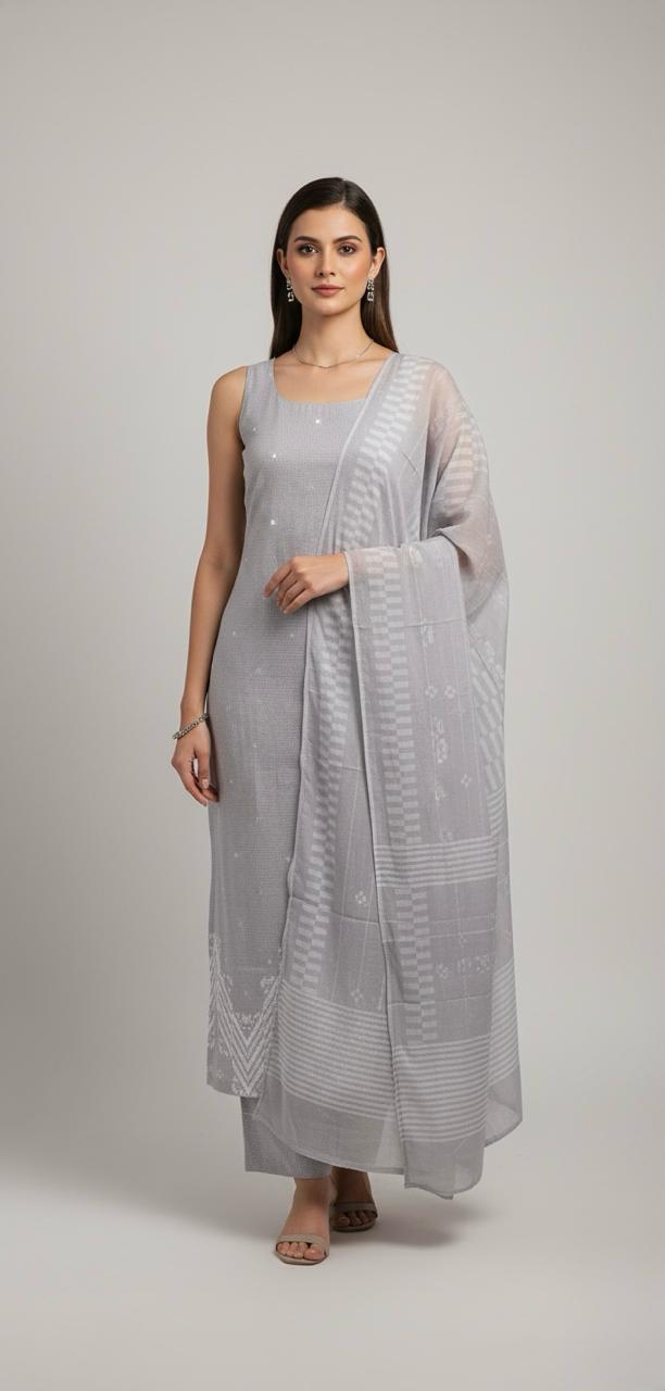 Modern geometry on classic linen, completed with a lightweight chiffon dupatta.