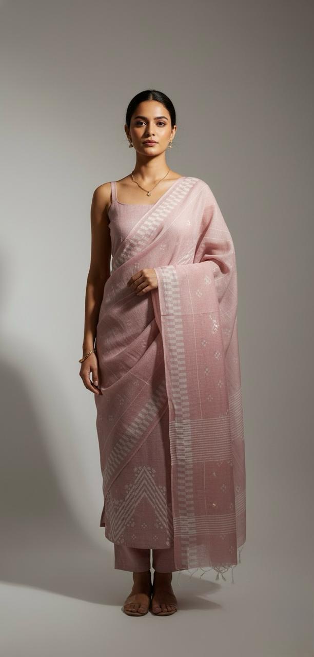 Modern geometry on classic linen, completed with a lightweight chiffon dupatta.