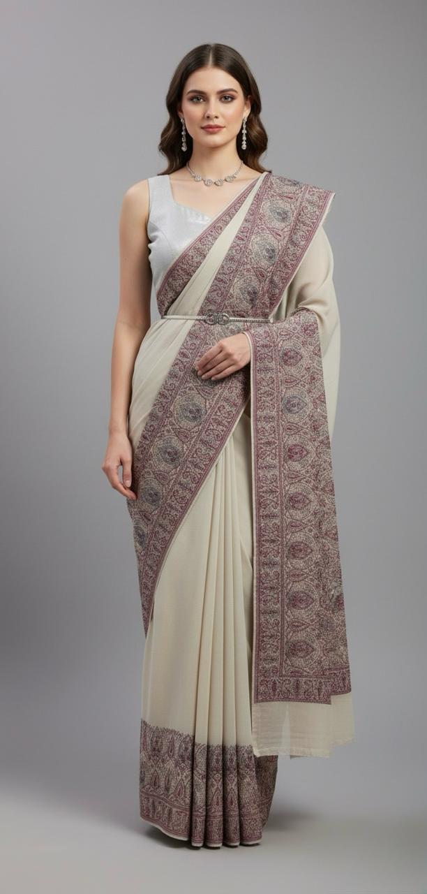 Grace in every thread – beautifully embroidered Kashmiri georgette sarees for women.