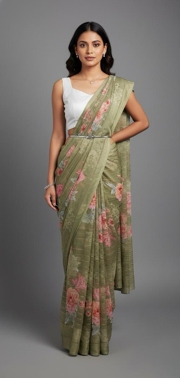 Stand out in style – Soft Green Chiffon Saree with striking prints, perfect sarees for women.