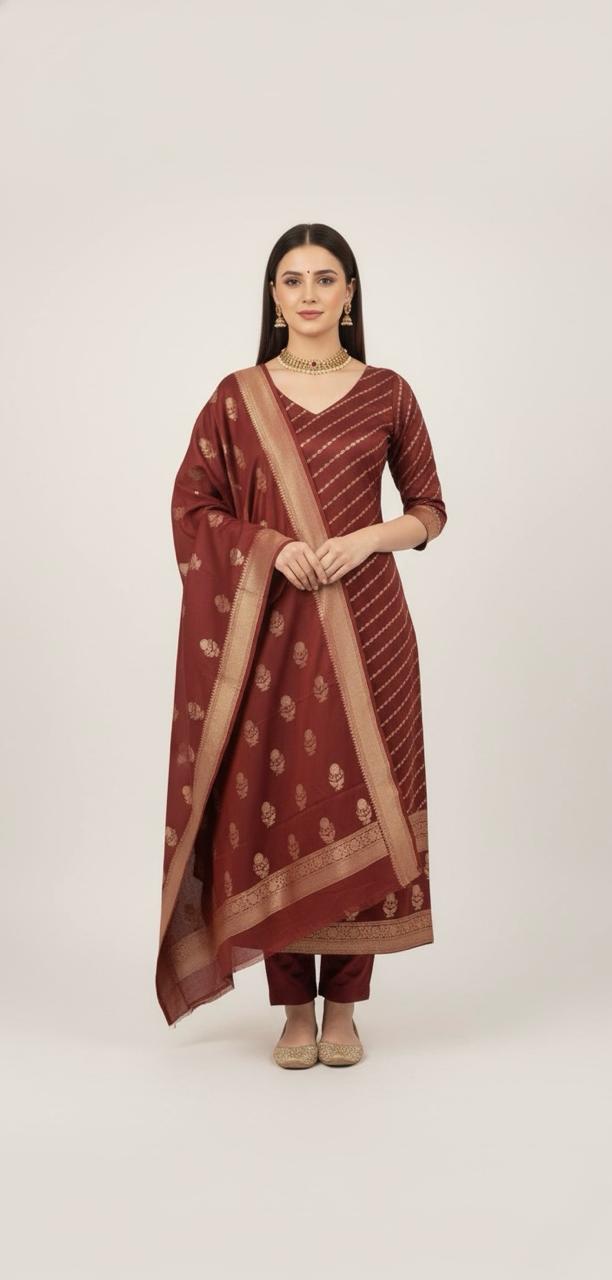 Brocade suit with intricate jal weaving, paired with a brocade dupatta — elegant suits for women.