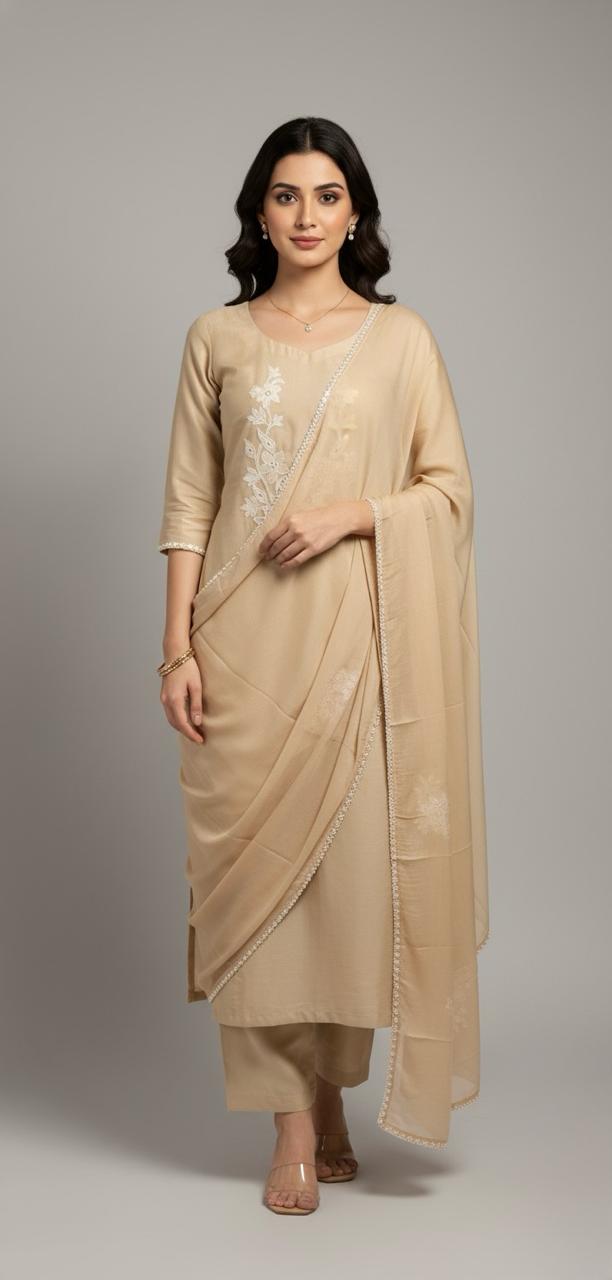Muslin suit with intricate machine embroidery, paired with a muslin dupatta featuring delicate thread work lace — elegant and graceful.