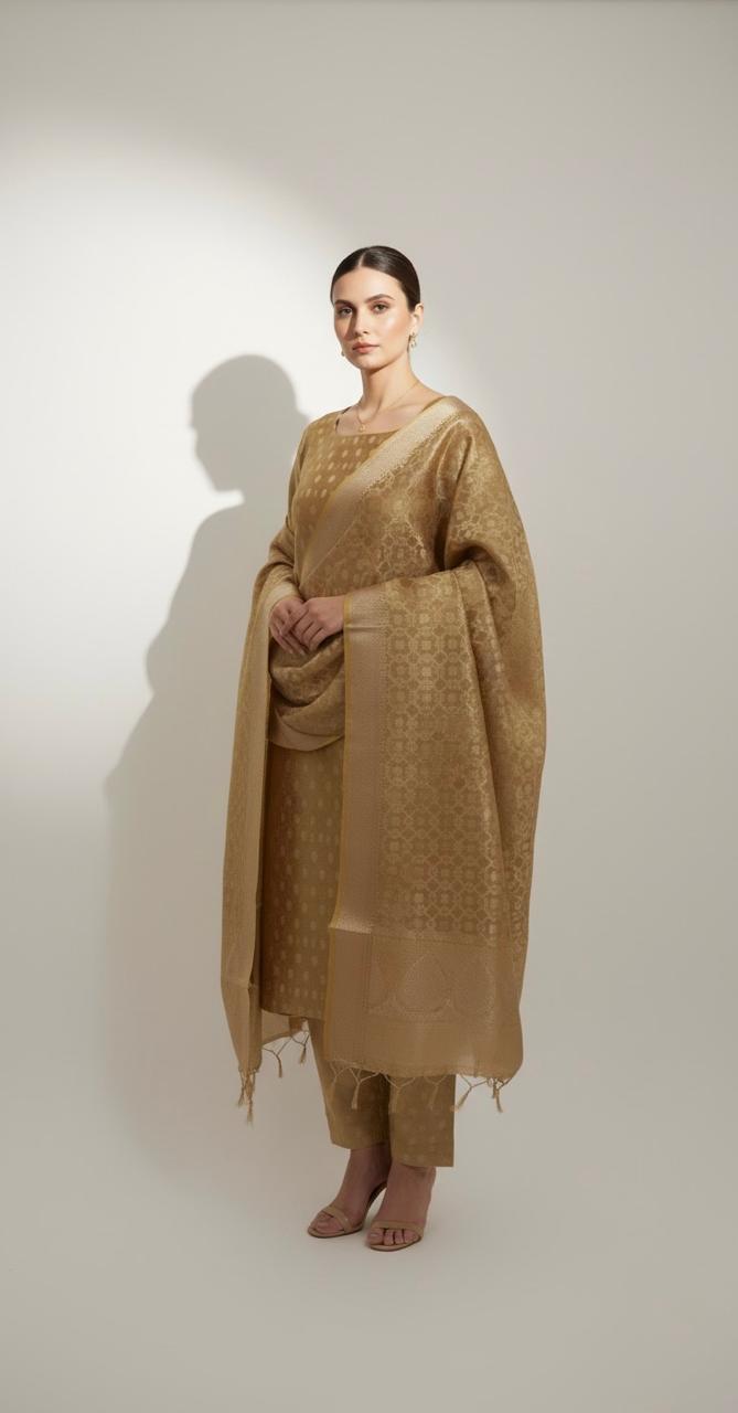 Brocade suit with intricate jal weaving, paired with a crushed tissue dupatta — elegant suits for women.