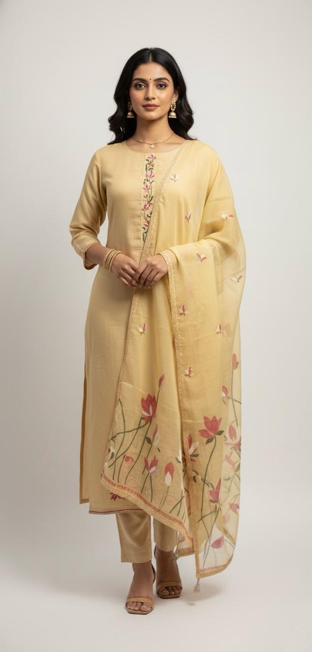 MUSLIN SUIT WITH FLORAL MACHINE EMBROIDERY