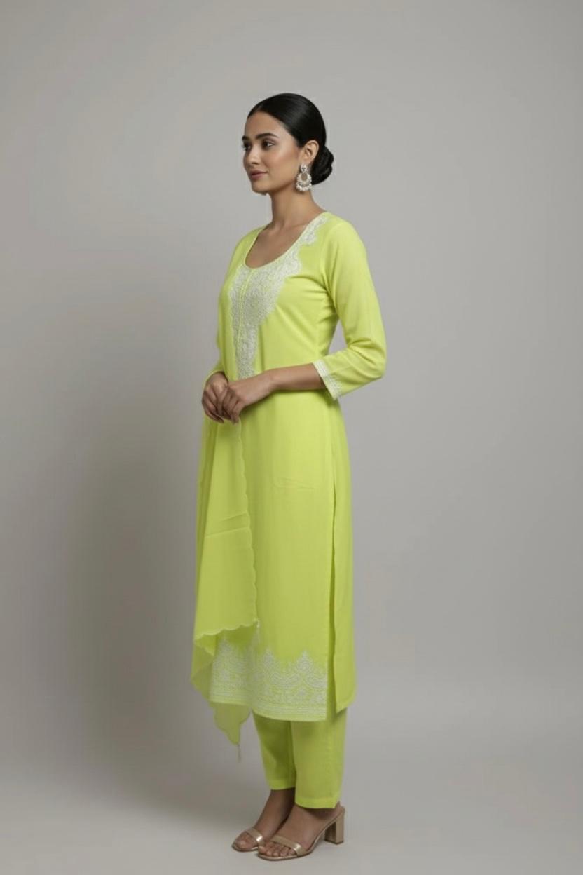CHANDERI UNSTITCH SUIT WITH CORDWORK YOKE