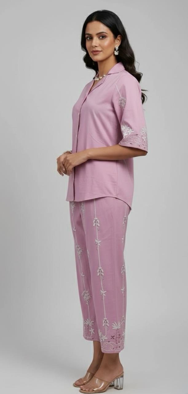 Stylish and statement-making — co-ord set with delicate machine embroidery for women.