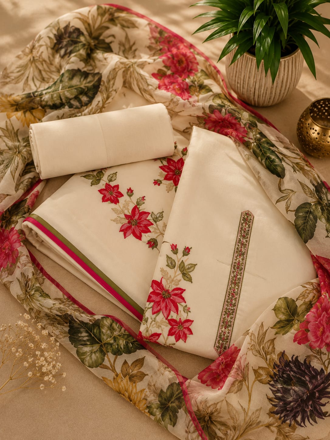 Muslin suit with exquisite hand embroidery, paired with a floral muslin dupatta — elegant suits for women.