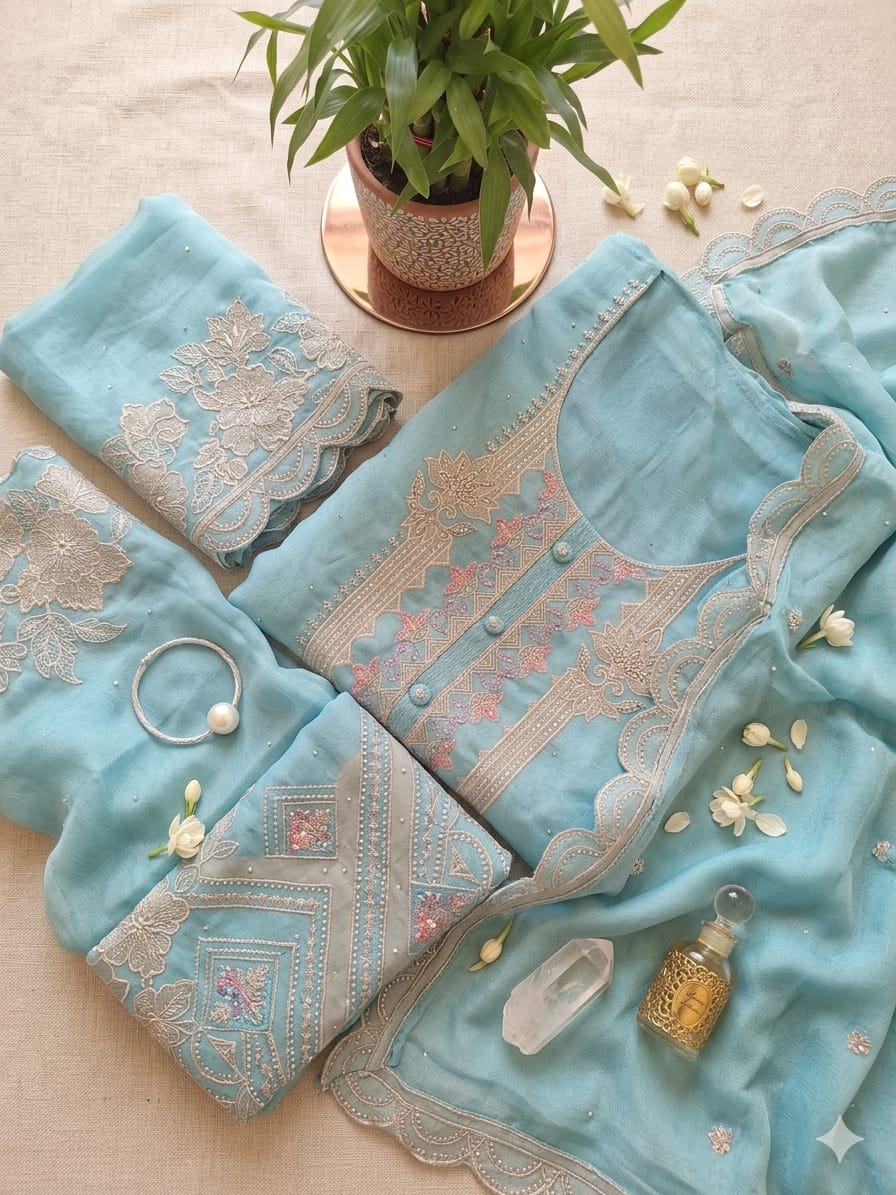 TISSUE UNSTITCH SUIT HIGHLIGHT  WITH PRESTUCTURE STONE WORK NECK