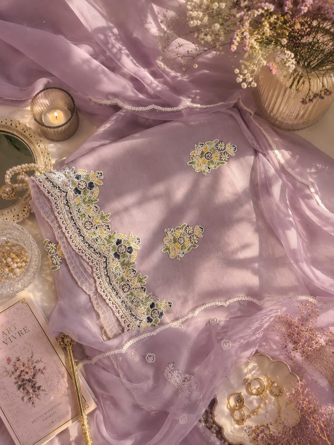 A SHIMMERING LUREX TISSUE ENSEMBLE ADORNED WITH CUTDANA, SEQUIN AND MULTI-COLOUR EMBROIDERY