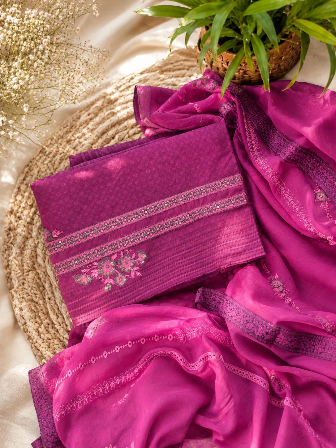 Soft muslin suit adorned with delicate machine embroidery, paired with a matching muslin embroidered dupatta — casual suit for womens.